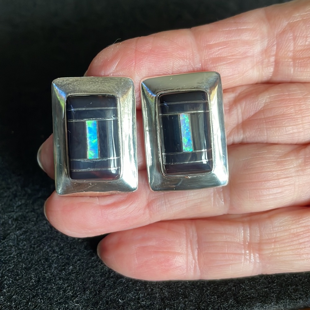 Opal & Onyx Sterling Earrings
